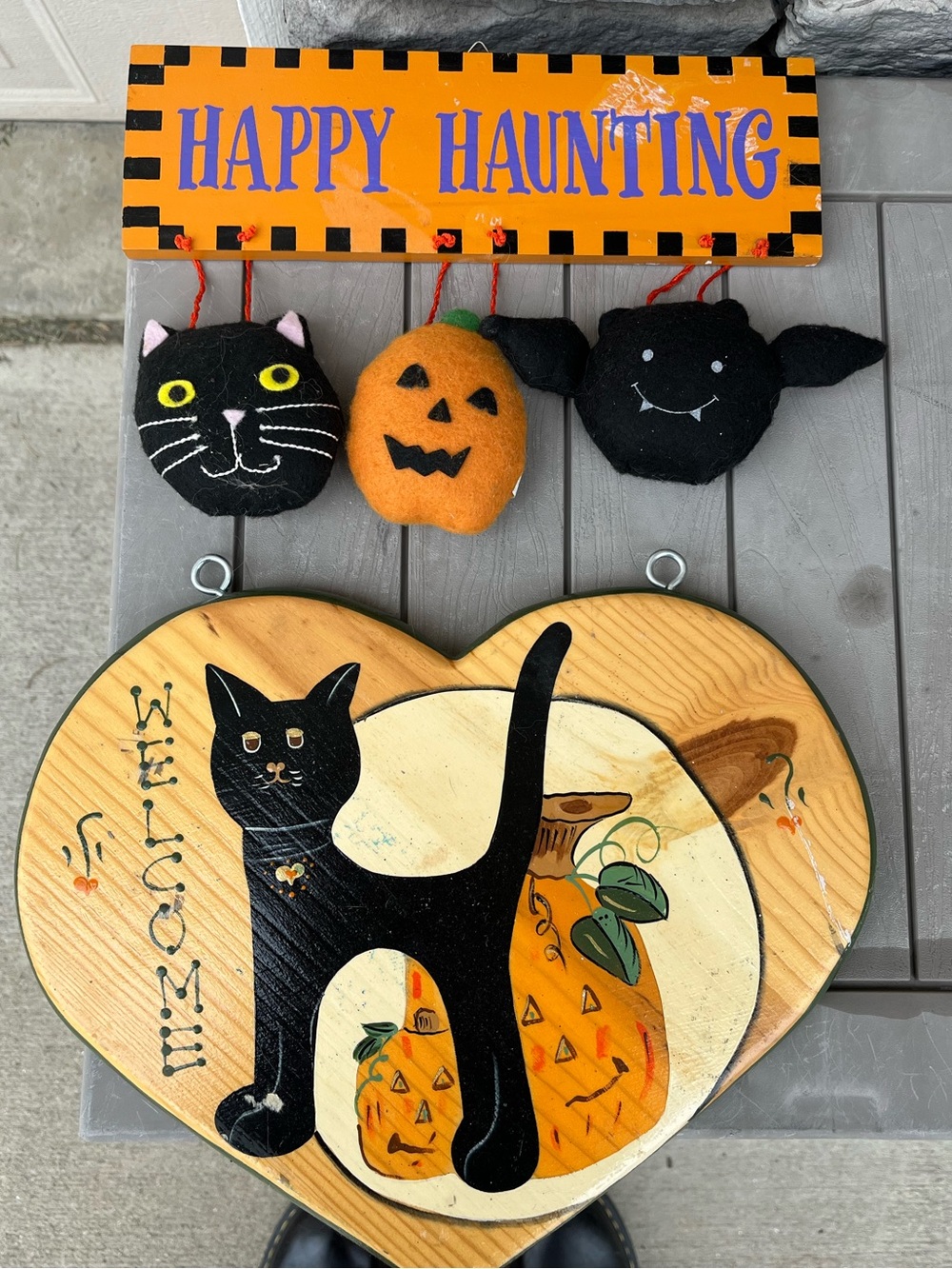 Pair of Whimsical Wooden Happy Haunting Halloween & Welcome Wall Decor